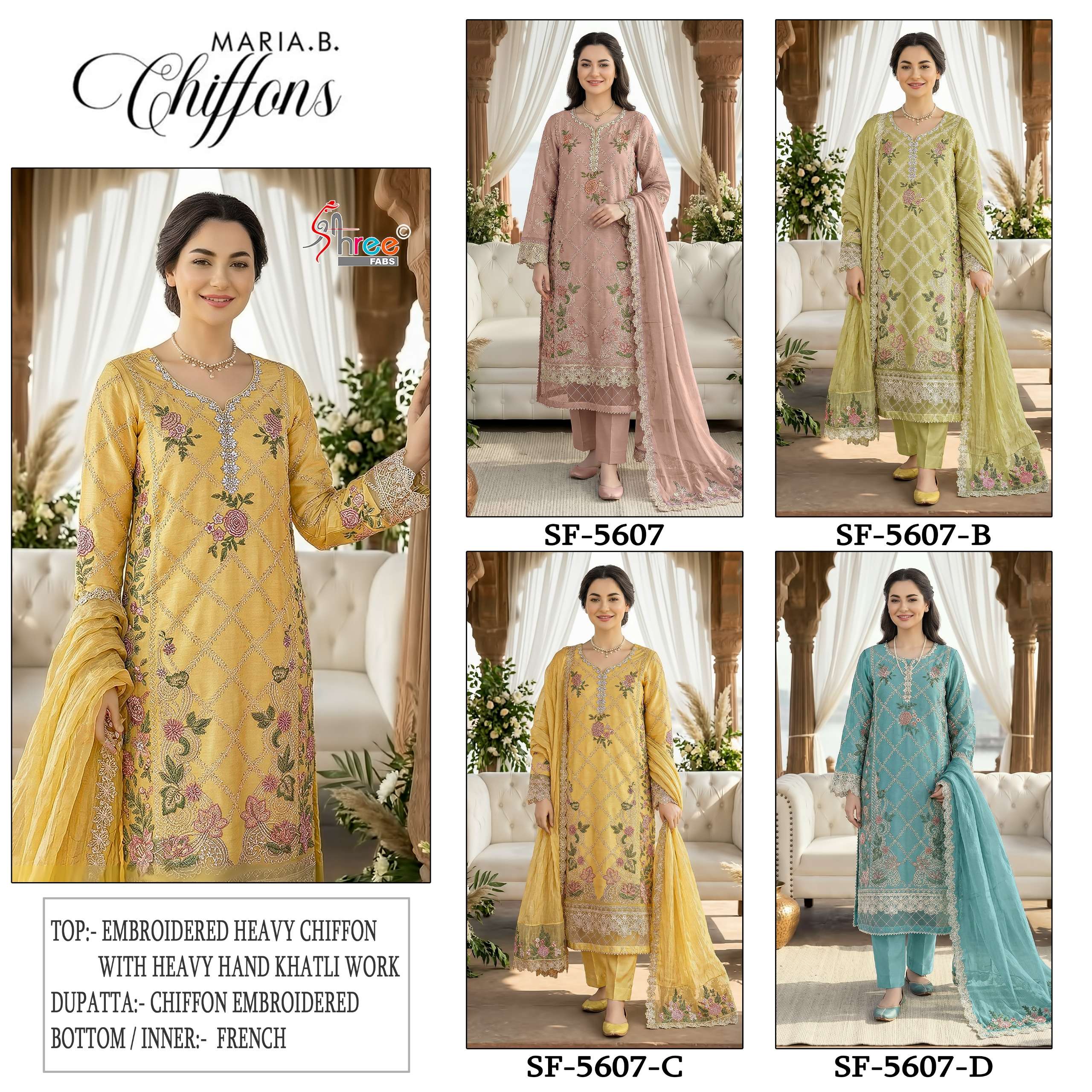 SHREE FABS SF 5607 COLOR CHIFFON HAND KHATLI & LATKAN SUIT FOR UNSTITCH SET WHOLESALE